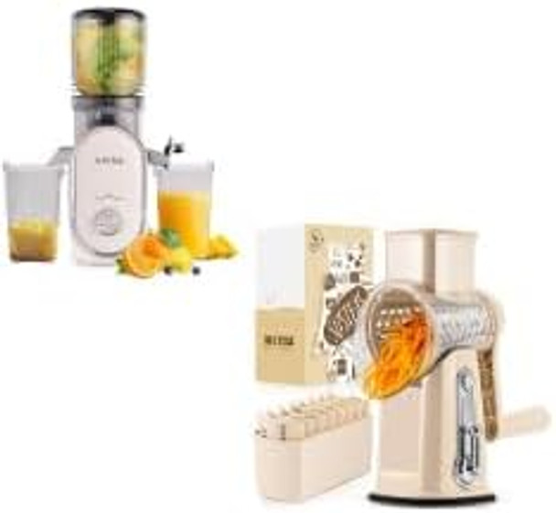 Susteas Rotary Cheese Grater With Handle And Cold Press Juicer 5.3" Feed Chute Slow Masticating Machines With 300W