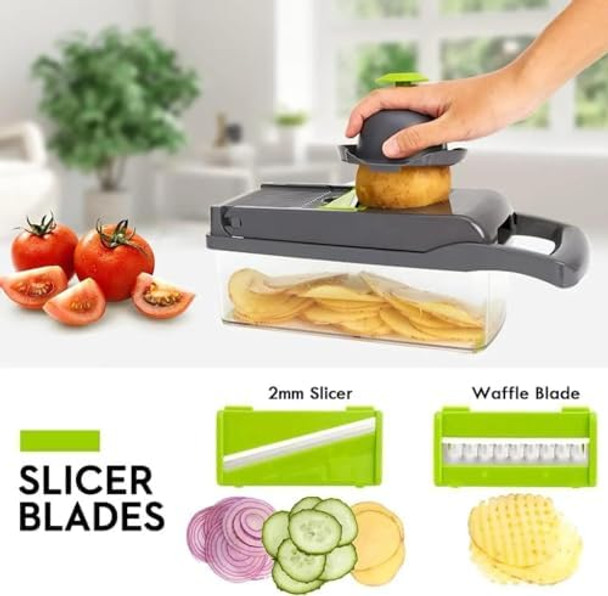 Vegetable Chopper And Slicer 15-In-1 Manual Food Dicer With Container Stainless Steel Blades Gray And Green Vegetable Chopper And Slicer 15-In-1 Manual Food Dicer With Container Stainless Steel Blades Gray And Green