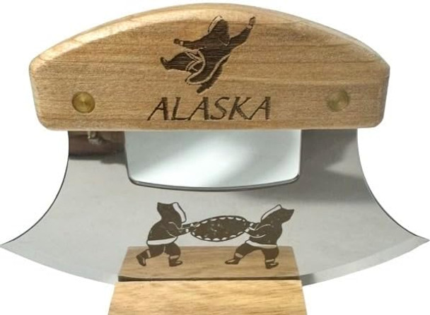 The Ulu Factory Alaska Birch Ulu Knife 6" Stainless Steel Blade With Block Wood Stand Etched Blade Blanket Toss