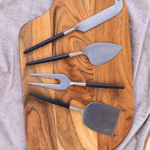 Radiant Black Handle Silver Heads Stainless Steel 4-Piece Cheese Knives Set Cheese Spreader Slicer Prongs Fork Cheese Knives For Charcuterie Board Accessories
