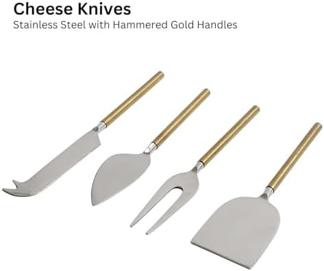 Hammered Gold Handles Stainless Steel 4-Piece Cheese Knives Set Cheese Spreader Slicer Prongs Fork Cheese Knives For Charcuterie Board Accessories (Gold)
