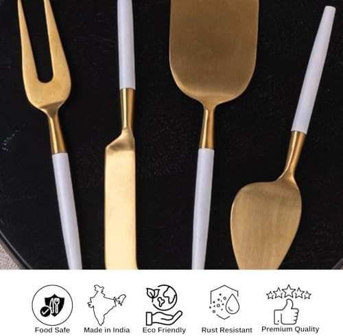 Radiant White Handle Gold Heads Stainless Steel 4-Piece Cheese Knives Set Cheese Spreader Slicer Prongs Fork Cheese Knives For Charcuterie Board Accessories