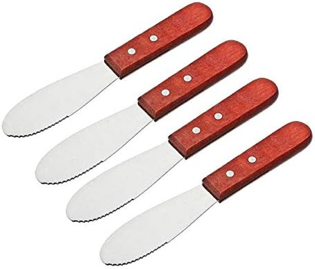 Stainless Steel Straight Edge Wide Butter Spreader Deluxe Sandwich Cream Cheese Condiment Knives Set Kitchen Tools Wood Handle 8” (4)