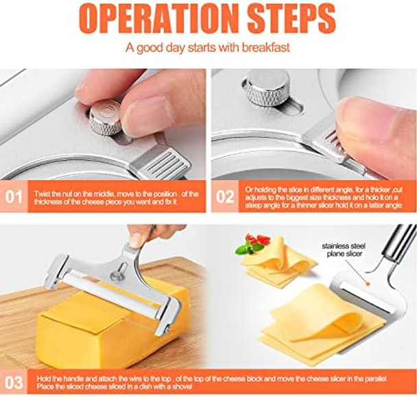 2 Pieces Stainless Steel Wire Cheese Slicer with Cheese Plane Tool Adjustable Thickness Cheese Cutter for Soft Semi-Hard Hard Cheeses Kitchen Cooking Tool Grey