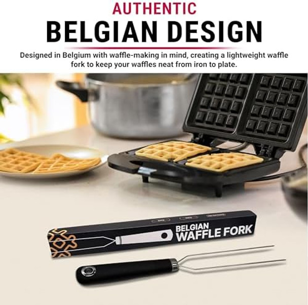 Waffle Fork For Belgian Waffles Mulit-Use Stainless Steel Kitchen Tool With Silicone Handle Beveled Prongs Belgian Baking Accessory - One Size Black