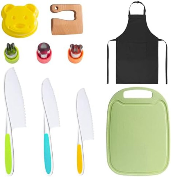 10-Piece Toddler Knife Set - Kids Safe Knives For Real Cooking Montessori Kitchen Tools With Cutting Board Apron Sandwich Cutter And Fruit Cutters
