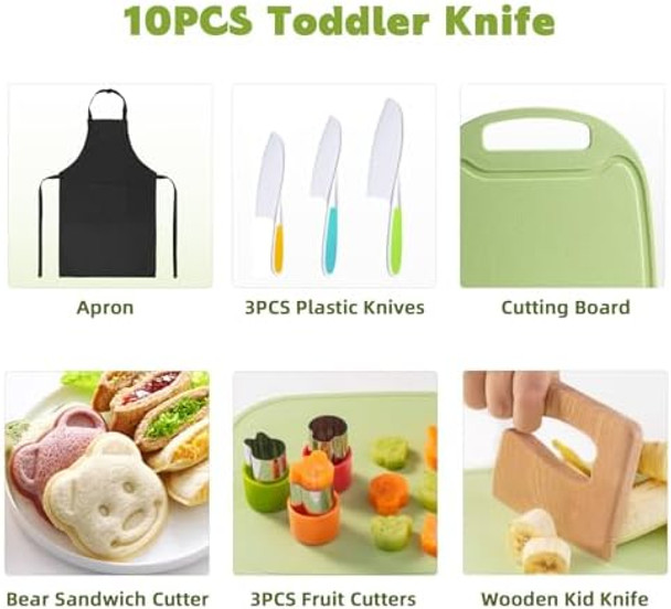 10-Piece Toddler Knife Set - Kids Safe Knives For Real Cooking Montessori Kitchen Tools With Cutting Board Apron Sandwich Cutter And Fruit Cutters