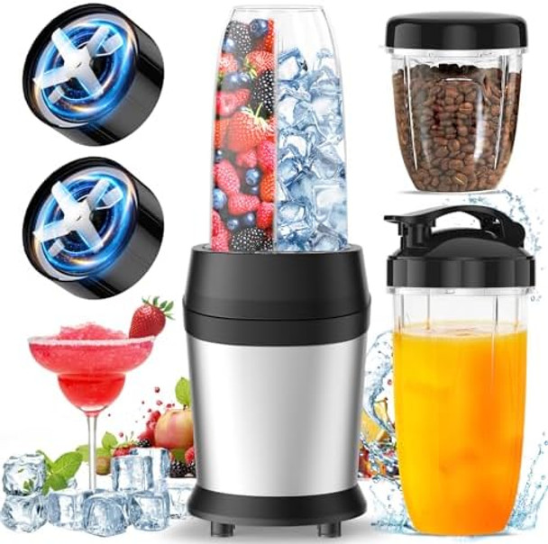 12-Piece Smoothie Blender Maker 25000 Rpm Personal Blender For Ice Crushing Smoothies & Frozen Drinks Nuts With 23Oz 32Oz 37Oz Portable Cups Two 6-Leaf Stainless Steel Blades Silver