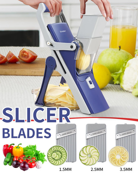 Safe Mandoline Slicer Upright Vegetable Chopper Julienne Dicer for Kitchen Potato Slicer Adjustable Vegetable Cutter with Container Multifunctional 6 in 1 Food Chopper (Dark Blue)