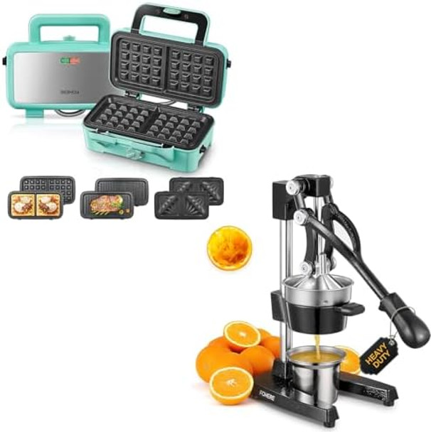 Fohere Waffle Maker 3 In 1 Sandwich Maker 1200W Panini Press  Orange Juicer Squeezer Cast Iron Lemon Squeezer