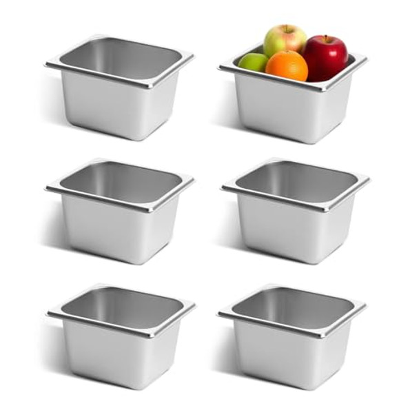 Golden Key 6 Pack Stainless Steel Hotel Pans Anti-Jam Chafing Steam Table Pan1/6 Size 4 Inch Deep Commercial Stainless Steel Food Storage Containers For Party Restaurant Hotel Buffet
