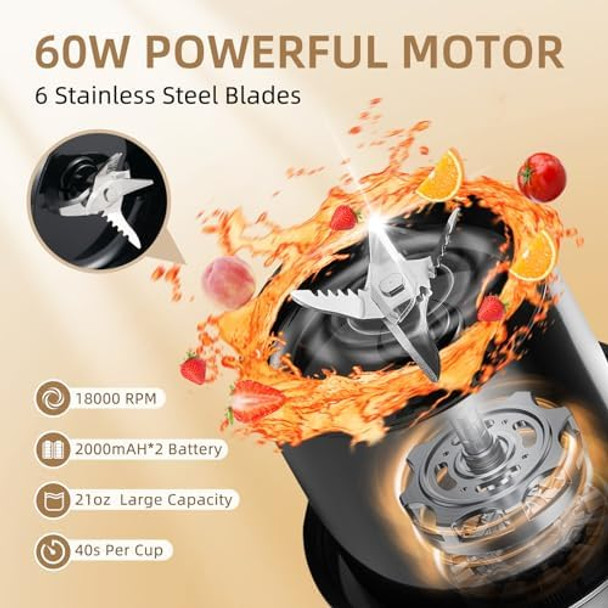 Portable Personal Blender For Shakes And Smoothies With 6 Blades 21Oz(600Ml) Personal Size Juicer Usb-C Rechargeable With Straw Brush&Lid For Home Gym Travel Kitchen(Black)