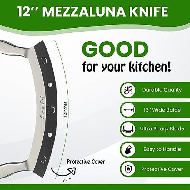12" Stainless Steel Mezzaluna Knife Pizza Cutter Chopper Dicer Mincer Curved Blade With Steel Handles Mezzaluna Sheath Pizza Cutter Rocker Rocker Knife Veggie Cutter