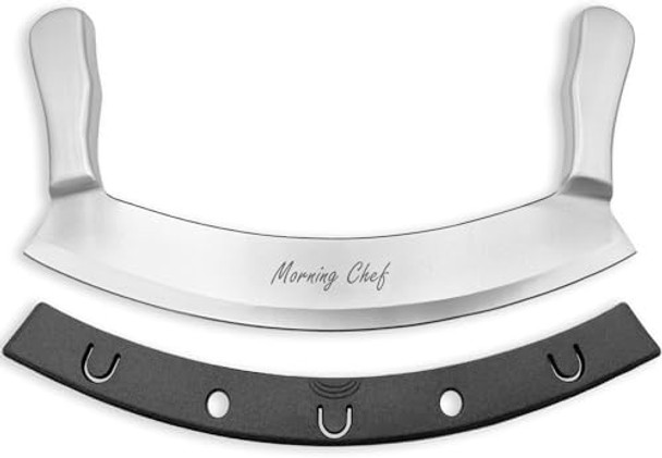 12" Stainless Steel Mezzaluna Knife Pizza Cutter Chopper Dicer Mincer Curved Blade With Steel Handles Mezzaluna Sheath Pizza Cutter Rocker Rocker Knife Veggie Cutter 12" Stainless Steel Mezzaluna Knife Pizza Cutter Chopper Dicer Mincer Curved Blade With Steel Handles Mezzaluna Sheath Pizza Cutter Rocker Rocker Knife Veggie Cutter