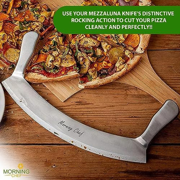 12" Stainless Steel Mezzaluna Knife Pizza Cutter Chopper Dicer Mincer Curved Blade With Steel Handles Mezzaluna Sheath Pizza Cutter Rocker Rocker Knife Veggie Cutter 12" Stainless Steel Mezzaluna Knife Pizza Cutter Chopper Dicer Mincer Curved Blade With Steel Handles Mezzaluna Sheath Pizza Cutter Rocker Rocker Knife Veggie Cutter