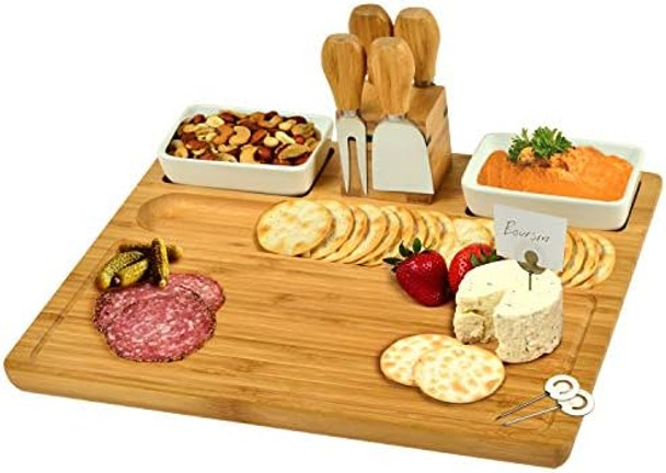 Picnic At Ascot Large Bamboo Cheese Board/Charcuterie Platter With 4 Stainless Steel Tools 2 Ceramic Trays & Cheese Markers -16" X 13"- Designed & Quality Checked In Usa