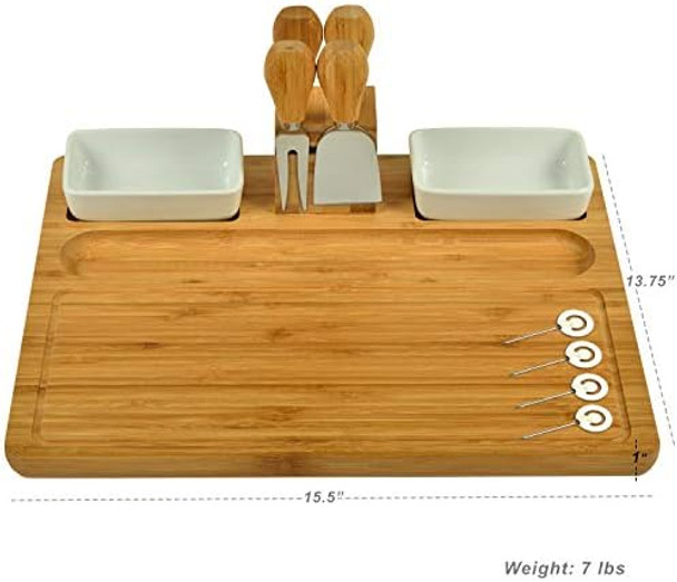 Picnic At Ascot Large Bamboo Cheese Board/Charcuterie Platter With 4 Stainless Steel Tools 2 Ceramic Trays & Cheese Markers -16" X 13"- Designed & Quality Checked In Usa