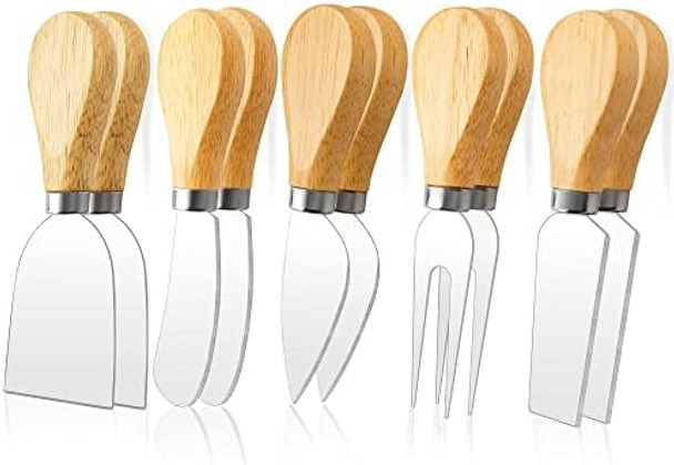 10 Pcs Cheese Knives Wooden Handle Cheese Knife Set for Charcuterie Board Mini Steel Stainless Cheese Cutter Spreader Fork for Party Wedding Christmas Charcuterie Accessories