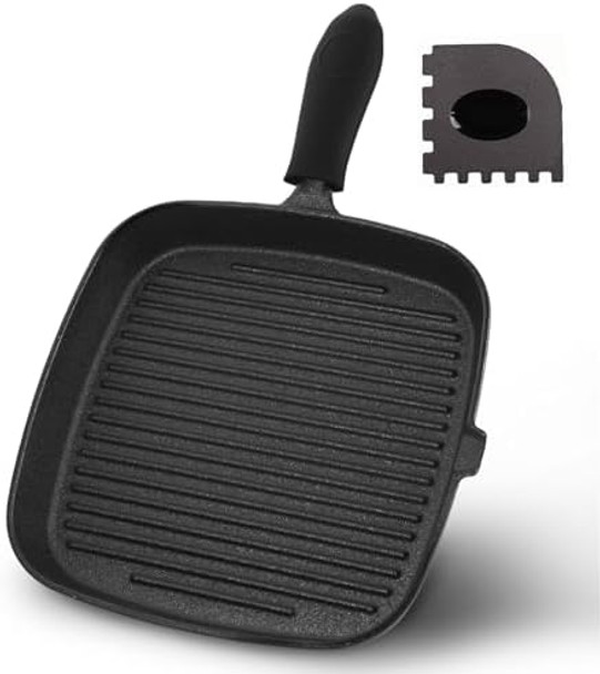 Square Cast Iron Grill Pan With Silicone Handles+Pan Scraper Tool Stove Top Grill Pan Perfect For Meats Steak Fish And Vegetables 10 Inch Steak Pan -Black