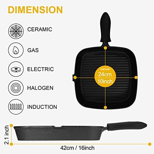 Square Cast Iron Grill Pan With Silicone Handles+Pan Scraper Tool Stove Top Grill Pan Perfect For Meats Steak Fish And Vegetables 10 Inch Steak Pan -Black