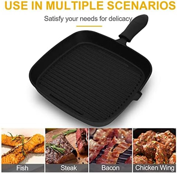 Square Cast Iron Grill Pan With Silicone Handles+Pan Scraper Tool Stove Top Grill Pan Perfect For Meats Steak Fish And Vegetables 10 Inch Steak Pan -Black