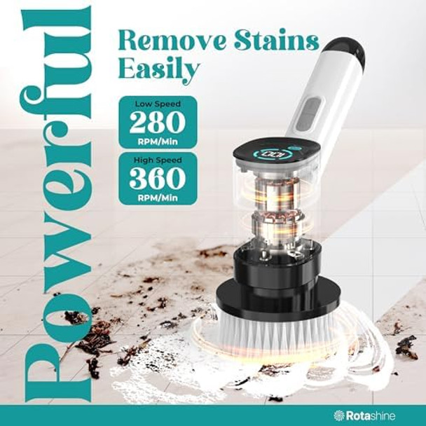 Electric Spin Scrubber - Electric Scrubber For Cleaning With 7 Replaceable Heads - Full-Body Waterproof Tub Scrubber With Long Handle - Electric Brush Cleaner For Bathroom