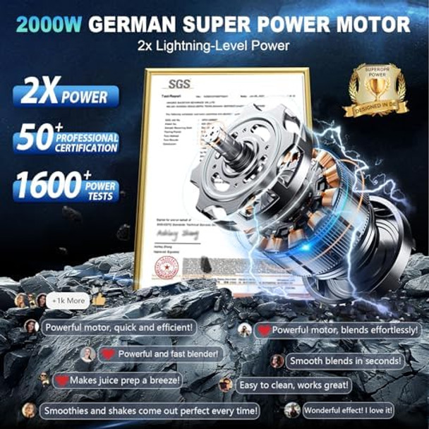 Enhanced -Smoothie Blender【2000W German Nano-Class Super Motor】【6 Military Grade Titanium Steel Blades】3-Second Quick Ice Crushing Professional Blender For Ice Smoothies And Milkshakes (Gray)