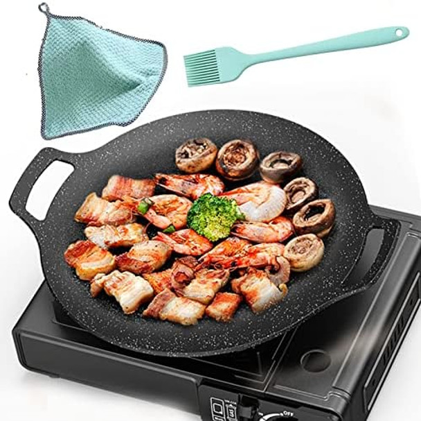 Grill Pan13 Inch Non-Stick Baking Pan+Brush+Dry ClothBarbecue Pot Outdoor Camping Grill Plate Fry Pan For Stove Tops &Induction Compatible (30Cm/12Inch)