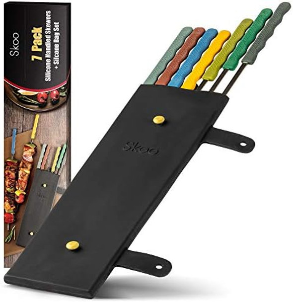 Skoo Barbecue Skewers Set - 7 Silicone Handled Stainless Steel Bbq Skewers + Silicone Storage Bag - 14" Flat Metal Shish Kebab Skewers For Grilling - Reusable Grill Kabob Skewer Sticks + Rollable Bag