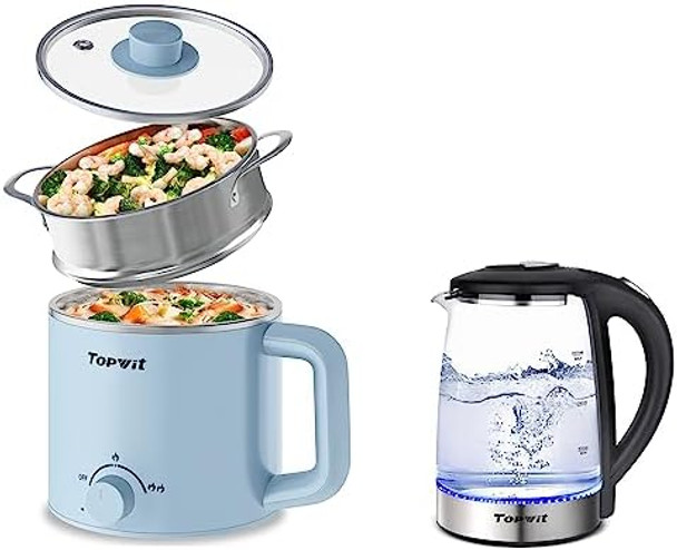 Topwit Electric Cooker With Steamer 1.6L Ramen Cooker and  Electric Kettle Glass Hot Water Kettle
