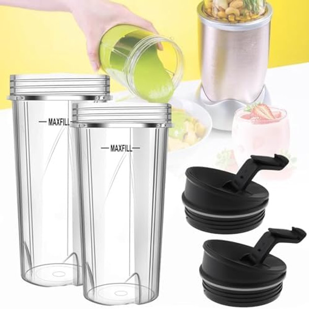 Blender Cups Replacement Parts 2Pc 16Oz Ninja Juicer Cups Come With To-Go Lids Compatible With Nutri Ninja Blenders Qb3000Ssw 30 / Qb3000Qr 30 / Qb3000Qbk / Qb3001Ss / Qb3005 Ninja Blender Cups