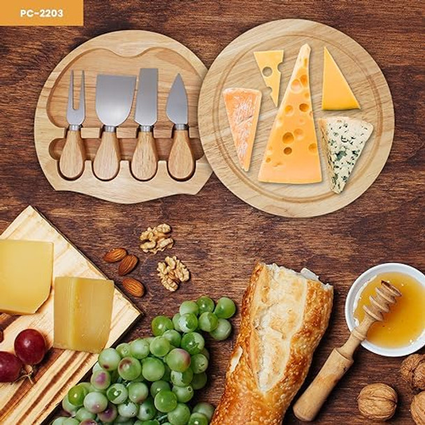 Round Bamboo Cheese Board Knife Set Round Charcuterie Board Set 4 Knifes Cheese Board Set Slide-Out Drawer Entertaining Durable Elegant Design Wine Cheese Night House Warming s