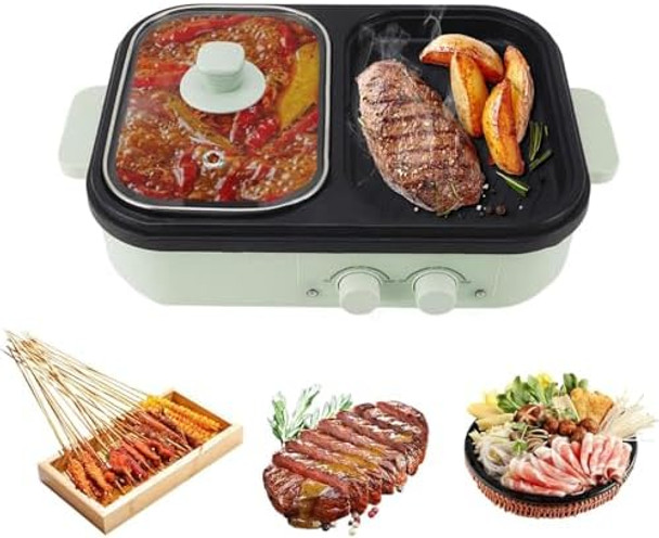 Hot Pot Electric With Grill 2 In 1 Nonstick Shabu Shabu Hot Pot Barbecue Cooker With Temperature Control Electric Grill For 2-6 People Family Dinner