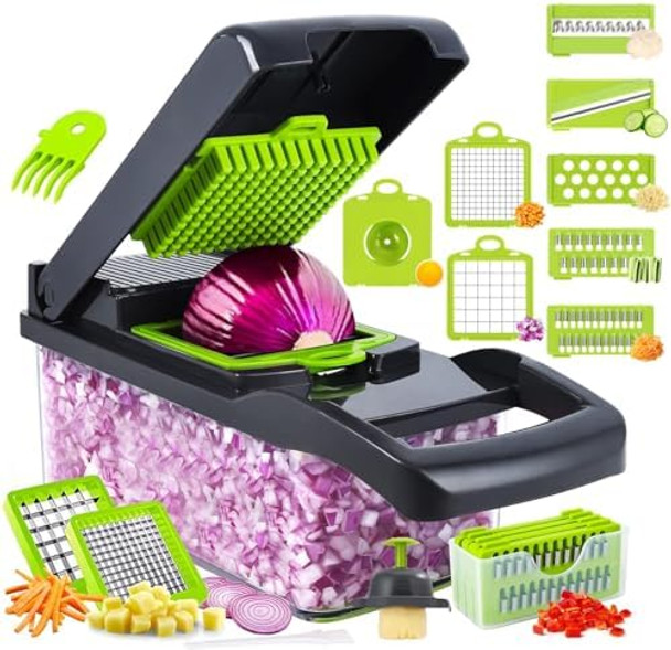 Vegetable Chopper15-In-1 Multifunctional Veggie ChopperSlicer Dicer & Cutter For Kitchen–Food Processor With Container For Onion TomatoPotato Fruits–Easy Clean & Storage (7 Blade)