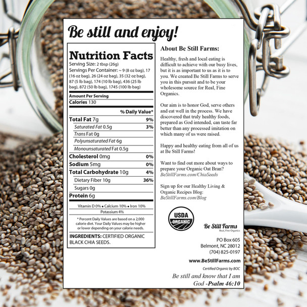 Be Still Farms Black Chia Seeds Organic 30 oz Chia Seeds Non GMO Certified USA - Ideal to Ground or Add to Smoothies Pudding, Bars - High in Protein and Fiber Superfood  Vegan  Gluten Free