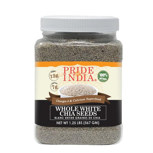 Pride Of India - PACK of 6 - Whole White Chia Seeds Raw Natural - 1.25 Pound 20 Oz Jar with 24+ Servings - Omega-3 and Calcium Superfood - Great in Smoothies Yogurt Baking Cereal Cookies