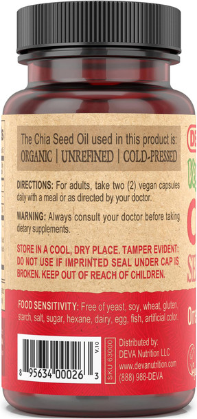 DEVA Vegan Vitamins Chia Seed Oil Packed with Omega 3, 6, 9 and Other Essential Fatty Acids  Cold-Pressed and Unrefined  90 Capsules