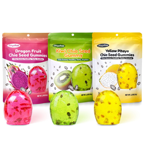 Chia Seed Fruit Flavor Gummy Candy Variety Pack Individual Packs Gummy Candy for Goody Bags 4D Gummies Candy Resealable 2.29oz Bag Dragon Fruit Kiwi Fruit Yellow Pitaya