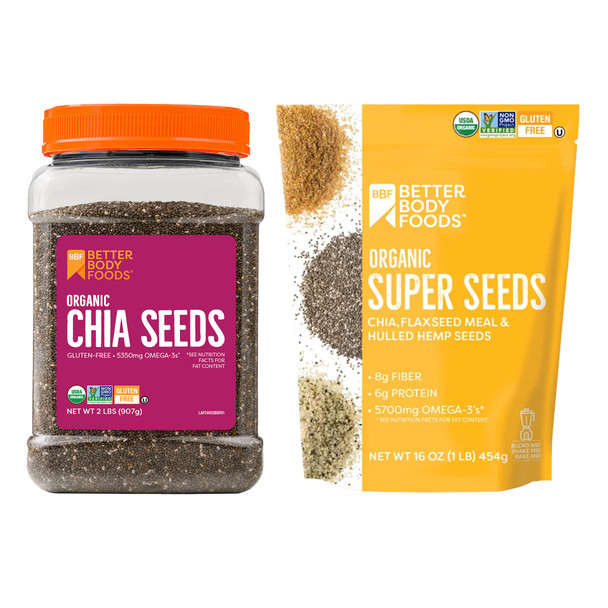 BetterBody Foods Organic Chia Seeds, 32 Oz + BetterBody Foods Organic Super Seeds - Blend of Organic Chia Seeds Milled Flax Seed Hemp Hearts 16 oz