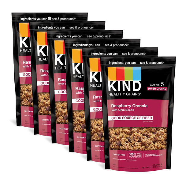 KIND HEALTHY GRAINS Granola  Healthy Snack  Raspberry Granola with Chia Seeds Snack Mix 11 OZ 6 Pack
