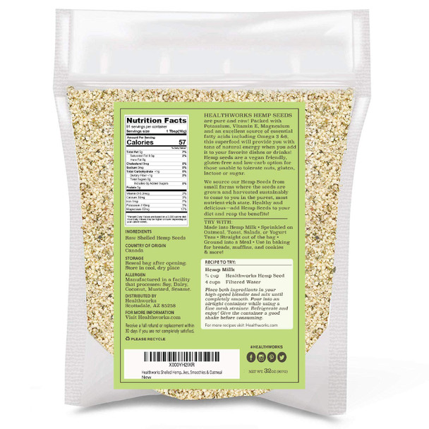 Healthworks Superfood Shelled and Hulled Hemp Seeds Canadian - 32 Oz  2 Lbs  Premium and  All-Natural - Contains Omega 3 and  6  Fiber and Protein  Packaging May Vary