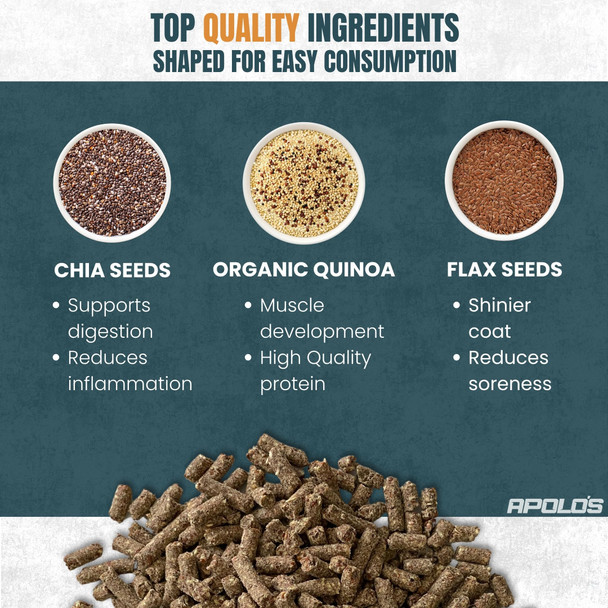 APOLO'S Premium Horse Supplement – Joint Support, Coat Shine & Strength | Flaxseed, Quinoa, Chia | High-Nutrient, Non-GMO, Gluten-Free, Supports Digestion | 10 LB Bag