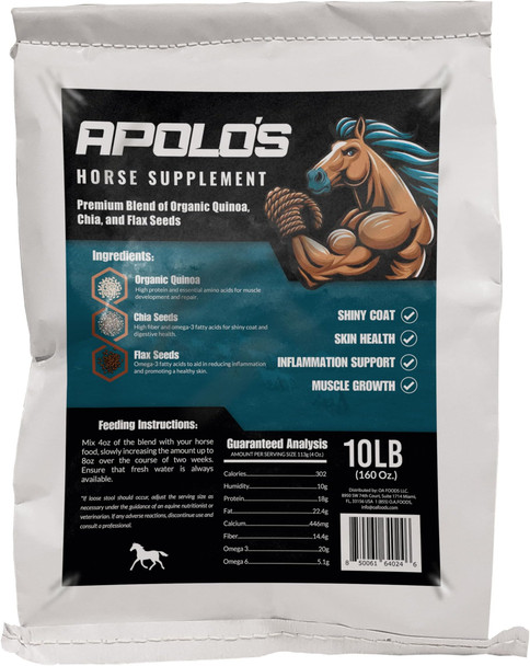 APOLO'S Premium Horse Supplement – Joint Support, Coat Shine & Strength | Flaxseed, Quinoa, Chia | High-Nutrient, Non-GMO, Gluten-Free, Supports Digestion | 10 LB Bag