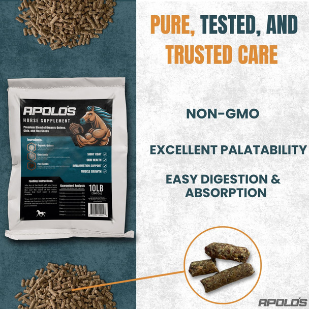 APOLO'S Premium Horse Supplement – Joint Support, Coat Shine & Strength | Flaxseed, Quinoa, Chia | High-Nutrient, Non-GMO, Gluten-Free, Supports Digestion | 10 LB Bag
