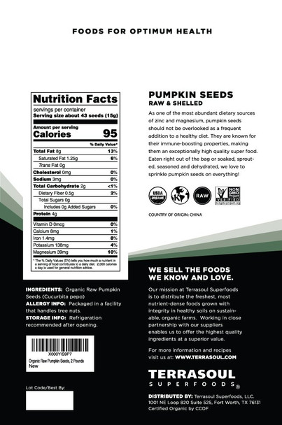 Terrasoul Superfoods Organic Pumpkin Seeds 2 Lbs  Premium Quality Shelled Raw Unsalted