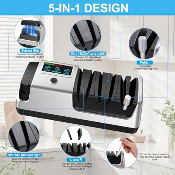 5 In 1 Electric Knife Sharpener Professional 3-Stage With Lcd Screen 100% Diamond Abrasives 3 Rotational Speed Adjustable Knife Sharpener For Straight Serrated Meat Cleaver Scissors