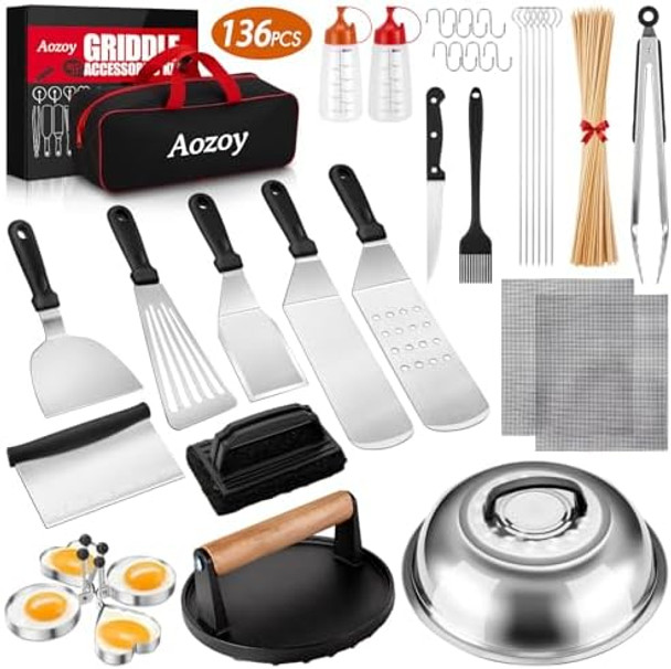 Griddle Accessories Kit - 136Pcs Flat Top Grill Accessories For Blackstone And Camp Chef Metal Spatula Tools Set With Burger Press Scraper Tongs Carry Bag For Outdoor Grilling Bbq Cooking