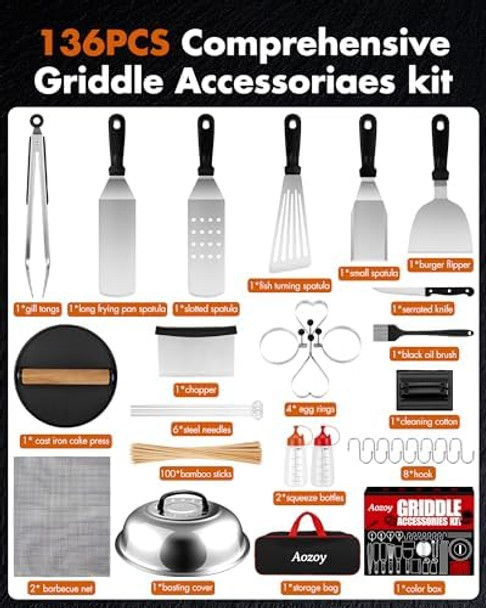 Griddle Accessories Kit - 136Pcs Flat Top Grill Accessories For Blackstone And Camp Chef Metal Spatula Tools Set With Burger Press Scraper Tongs Carry Bag For Outdoor Grilling Bbq Cooking