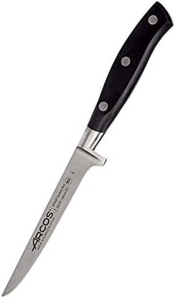 Arcos Boning Knife 5 Inch Nitrum Stainless Steel and 130 mm blade. Professional Butcher Knife to Slice Bones from Meat. Ergonomic Polypropylene Handle. Series Rivera. Color Black.