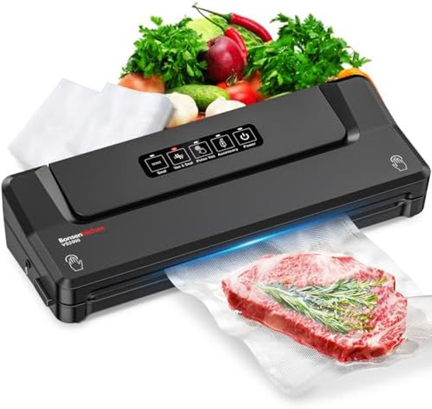 Bonsenkitchen Vacuum Sealer Machine Fast-Compact Food Sealer Multi-Functional Food Vacuum Sealer With 5 Vacuum Bags & Accessory Hose Technology For High-Speed Continuous Working Silver